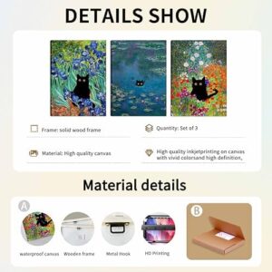 Monet Wall Art Set of 3 - Funny Cat in Water Lilies Canvas Paintings Prints, Garden Flowers Black Cat Aesthetic Pictures for Room Bedroom Living Room Bathroom 12x16 Framed - Image 3