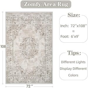Area Rug 6x9 Vintage Rug: Washable Indoor Medallion Rugs Low Pile Distressed Floor Carpet Retro Accent Rug for Living Room Bedroom Kitchen Dining Table Home Office(Distressed Taupe, 6'x9') - Image 2