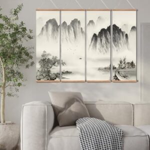 Landscape Painting,Chinese Ancient Architecture Posters and Prints,traditional Ink Decor,Wall Art Black and White for Living Room Bedroom,4 Piece Set Fixed Wooden Hanging Scroll (landscape, 12”x36”x4piece) - Image 4