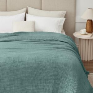 100% Cotton Muslin Blanket Queen 90" x 90", 6 Layers Breathable and Lightweight Cotton Throw Blanket for Bed, Soft Quilt Bedspread Coverlet, Gauze Blanket for Adults All Season, Teal - Image 2