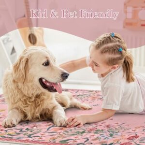 Wonnitar Washable Pink Floral 9x12 Rugs for Bedroom, Non-Slip Living Room Area Rug, Cute Nursery Large Botanical Area Rug, Soft Floor Carpet for Playroom Closet (Pink,9'x12') - Image 7