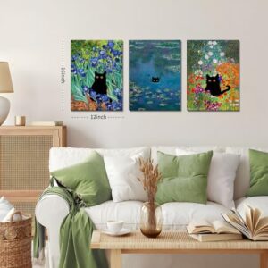 Monet Wall Art Set of 3 - Funny Cat in Water Lilies Canvas Paintings Prints, Garden Flowers Black Cat Aesthetic Pictures for Room Bedroom Living Room Bathroom 12x16 Framed - Image 5