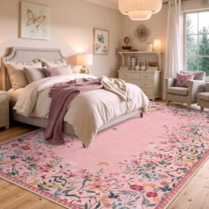 Wonnitar Washable Pink Floral 9x12 Rugs for Bedroom, Non-Slip Living Room Area Rug, Cute Nursery Large Botanical Area Rug, Soft Floor Carpet for Playroom Closet (Pink,9'x12') - Image 2