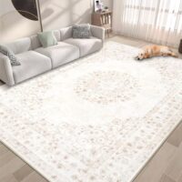 Area Rug 6x9 Vintage Rug: Washable Indoor Medallion Rugs Low Pile Distressed Floor Carpet Retro Accent Rug for Living Room Bedroom Kitchen Dining Table Home Office(Distressed Beige, 6'x9')