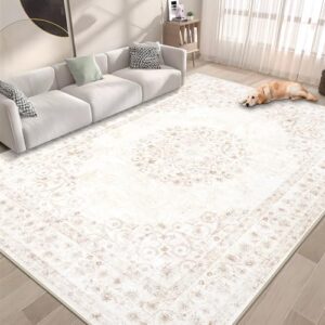 Area Rug 6x9 Vintage Rug: Washable Indoor Medallion Rugs Low Pile Distressed Floor Carpet Retro Accent Rug for Living Room Bedroom Kitchen Dining Table Home Office(Distressed Beige, 6'x9')