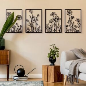 Sokurdeg Black Metal Flowers Wall Decor, Minimalist Floral Wall Hanging Art, Black Abstract Line Wall Art Sculptures for Bedroom Bathroom Living Room (4 Pcs, 12 x 17 in) - Image 7