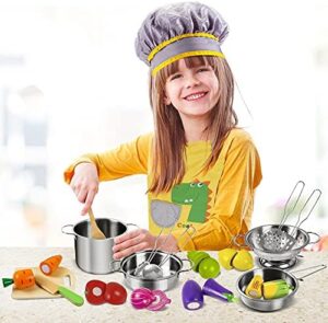 Sundaymot Play Kitchen Accessories, Wooden Play Food, Cooking Set with Stainless Steel Cookware Pots and Pans Utensils, Apron, Chef Hat, Cutting Food Kitchen Playset for Girls and Boys - Image 6