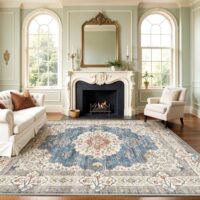 Washable 9x12 Area Rug - Large Rug for Living Room Stain Resistant Low Pile Carpet Vintage Oriental Rug for Bedroom with Non Slip Backing Home Decor Floor Decor Mat (9x12 Blue/Beige)