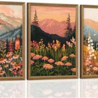 ICHZUMW Framed Boho Abstract Landscape Mountain and Floral Canvas Wall Art Set of 3, Colorful Nature Botanical Paintings Artwork, Large Wildflower Wall Decor for Living Room Bedroom Office, 12x16in