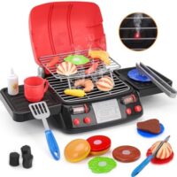 Kids Play Food Grill with Pretend Smoke Sound Light Kitchen Playset BBQ Accessories Camping Cooking Set Barbecue Toddler Girl Boy Toy 2 3 4 5 6 Year Old 4-8 Birthday Kid Toy Idea