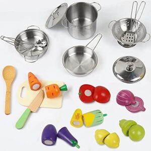 Sundaymot Play Kitchen Accessories, Wooden Play Food, Cooking Set with Stainless Steel Cookware Pots and Pans Utensils, Apron, Chef Hat, Cutting Food Kitchen Playset for Girls and Boys - Image 2