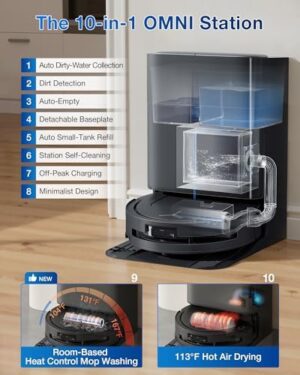 ECOVACS DEEBOT T80 Omni Robot Vacuum and Mop, 18,000Pa Suction, OZMO™ Roller Real-Time Mop Washing, Self-Emptying, Hot Air Drying, AI Navigation, Anti-Tangle Brush, for Pets, Carpets & Hard Floors - Image 5