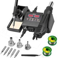 14pcs Soldering Station, 2 in 1 Hot Air Functions Digital Display Soldering Iron Soldering Kit, 8898 Portable SMD Rework Station, ºC/ºF Cool/Hot Air Conversion and Auto Sleep