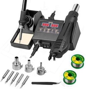 14pcs Soldering Station, 2 in 1 Hot Air Functions Digital Display Soldering Iron Soldering Kit, 8898 Portable SMD Rework Station, ºC/ºF Cool/Hot Air Conversion and Auto Sleep