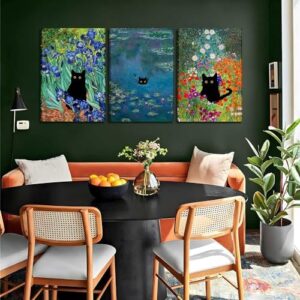 Monet Wall Art Set of 3 - Funny Cat in Water Lilies Canvas Paintings Prints, Garden Flowers Black Cat Aesthetic Pictures for Room Bedroom Living Room Bathroom 12x16 Framed - Image 4
