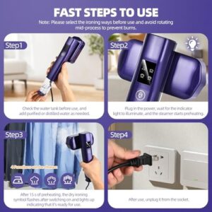 Steamer for Clothes, Portable Travel Steamer for Clothes Mini, Steamer & Iron 2 In 1, Handheld Garment Steamer 1000W, 15s Heat Up, 100ML Water Tank, LCD Display, Rotatable Clothing Steam Iron (Purple) - Image 7
