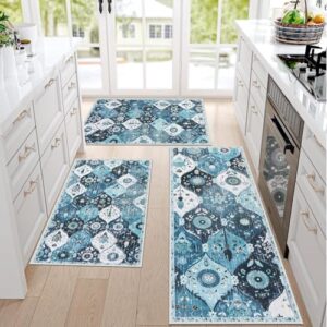 Falflor Kitchen Rugs Sets of 3 Washable Kitchen Mats for Floor Non Slip Kitchen Rug and Mats Moroccan Trellis Kitchen Runner Rug Floor Carpet for Hallway Bathroom