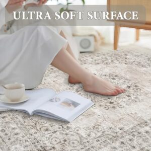 Area Rug 6x9 Vintage Rug: Washable Indoor Medallion Rugs Low Pile Distressed Floor Carpet Retro Accent Rug for Living Room Bedroom Kitchen Dining Table Home Office(Distressed Taupe, 6'x9') - Image 5
