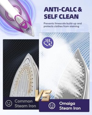 Steam Iron for Clothes, 1750W with Rapid Heating Ceramic Coated Soleplate, Clothing Iron with Adjustable Precise Thermostat Dial, Self-Cleaning, Auto-Off, 15.21oz Water Tank for Daily Ironing Use, PURPLE - Image 3