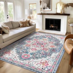 Smiry 6x9 Area Rugs for Living Room, Boho Chic Style Printed Rugs, Low Pile, Non-Shedding, Easy Care, Machine Washable Lightweight Floor Carpets Rugs for Bedroom, Dining Room, Home Office, Pink - Image 8