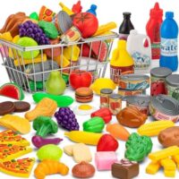 55 Pcs Grocery Store Pretend Play Food Set with Shopping Basket for Kids Toddlers 1-3 4-8, Kids Play Kitchen Accessories Plastic Fake Food Fruits and Vegetables Can Toy Gifts for Boys Girls