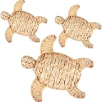 Threehoney 3 Pcs Sea Turtle Beach Theme Decor 2 Size Handmade Wicker Sea Turtle Wall Decor Hanging Coastal Nautical Sculpture for Boho Bathroom Indoor Outdoor Table Wall Art Ornament