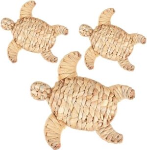 Threehoney 3 Pcs Sea Turtle Beach Theme Decor 2 Size Handmade Wicker Sea Turtle Wall Decor Hanging Coastal Nautical Sculpture for Boho Bathroom Indoor Outdoor Table Wall Art Ornament