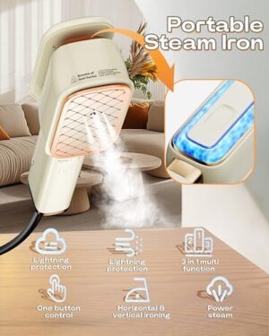 Travel Steamer for Clothes, 15S Heat Up1000W Portable Steamer,Steam & Iron & Press 3 in 1,Deep Wrinkle Removal, Heat-protective Gloves & Storage Bag,180° Flip Handle Design for Travel & Home - Image 2