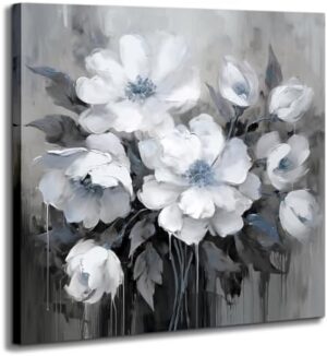 AnZhongArt Bathroom Canvas Art, Gray and White Blue Flower Wall Decoration, 12x12 inches
