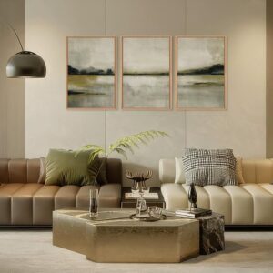KAIRNE Abstract Mountain Lake Wall Art Set, 3 piece Textured Canvas Wall Decor, Framed Nordic Neutral Tan Wall Painting, Nature Landscape Art Print for Bedroom, Living Room, Office - 24"x36"x3 - Image 2
