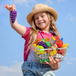 55 Pcs Grocery Store Pretend Play Food Set with Shopping Basket for Kids Toddlers 1-3 4-8, Kids Play Kitchen Accessories Plastic Fake Food Fruits and Vegetables Can Toy Gifts for Boys Girls - Image 5