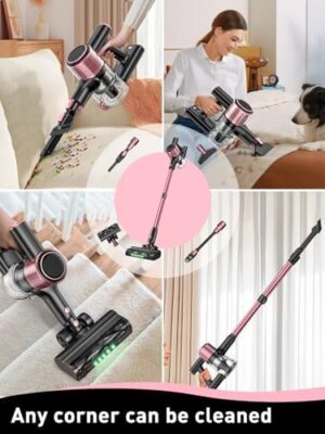 Cordless Vacuum Cleaner, 8 in 1 Powerful Suction Lightweight Vacuum Cleaner for Home, LED Display, 3 Suction Modes, 45Mins Detachable Battery Vacuum for Hard Floor Carpet Pet Hair, Pink - Image 9