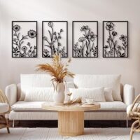 Sokurdeg Black Metal Flowers Wall Decor, Minimalist Floral Wall Hanging Art, Black Abstract Line Wall Art Sculptures for Bedroom Bathroom Living Room (4 Pcs, 12 x 17 in)