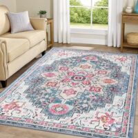 Smiry 6x9 Area Rugs for Living Room, Boho Chic Style Printed Rugs, Low Pile, Non-Shedding, Easy Care, Machine Washable Lightweight Floor Carpets Rugs for Bedroom, Dining Room, Home Office, Pink