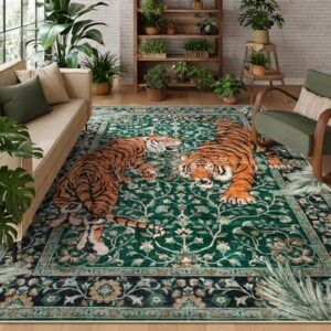 Moynesa Tiger 6x9 Area Rugs for Living Room, Boho Botanical Washable Dining Room Rug Non Slip Large Green Bedroom Rug, Ultra Thin Vintage Soft Indoor Floor Carpet for Home Office Entrance